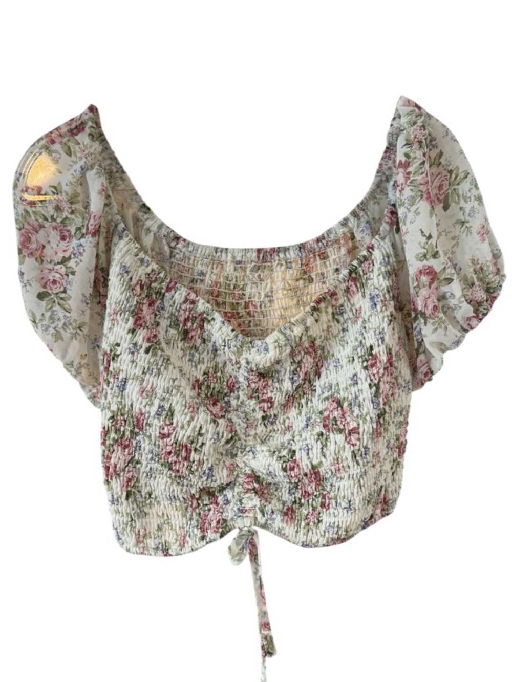 ▫️🌸 Floral Shirred Crop Top with Puff Sleeves -‎ Cream/Pink 🌸▫️